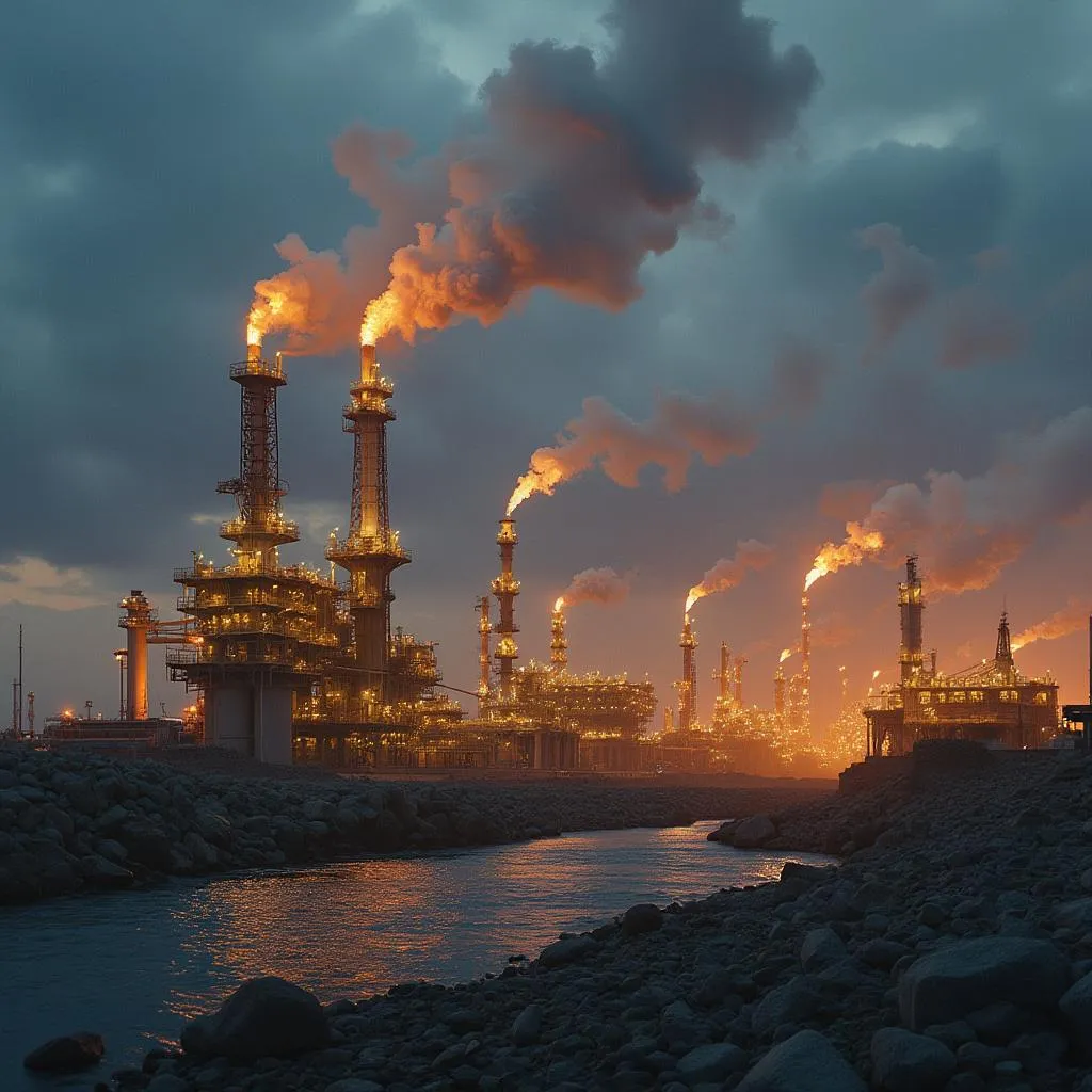 Refinería moderna al atardecer