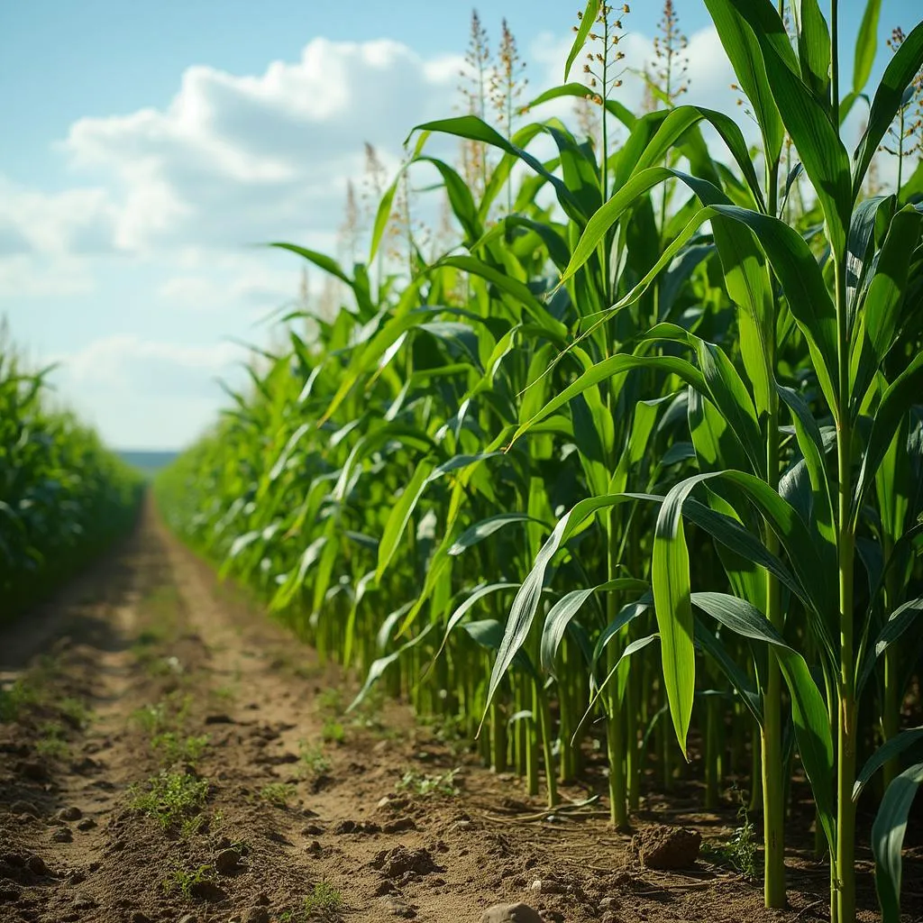 Planta de bioetanol y campo de maíz