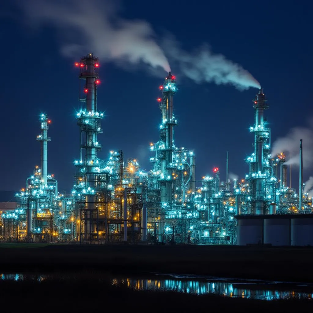Refinería iluminada
